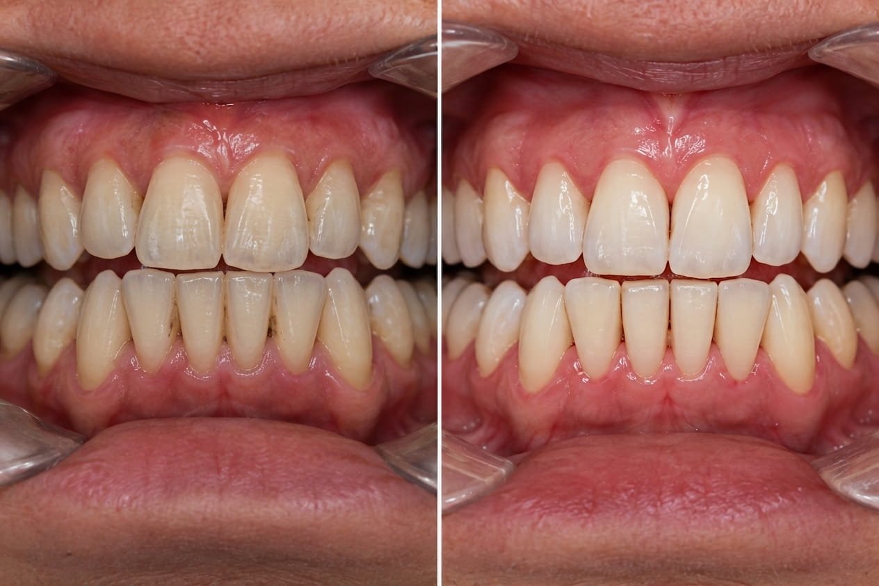 Antes e depois de limpeza dental profissional: dentes com manchas e tártaro à esquerda, e dentes limpos e gengiva saudável à direita
