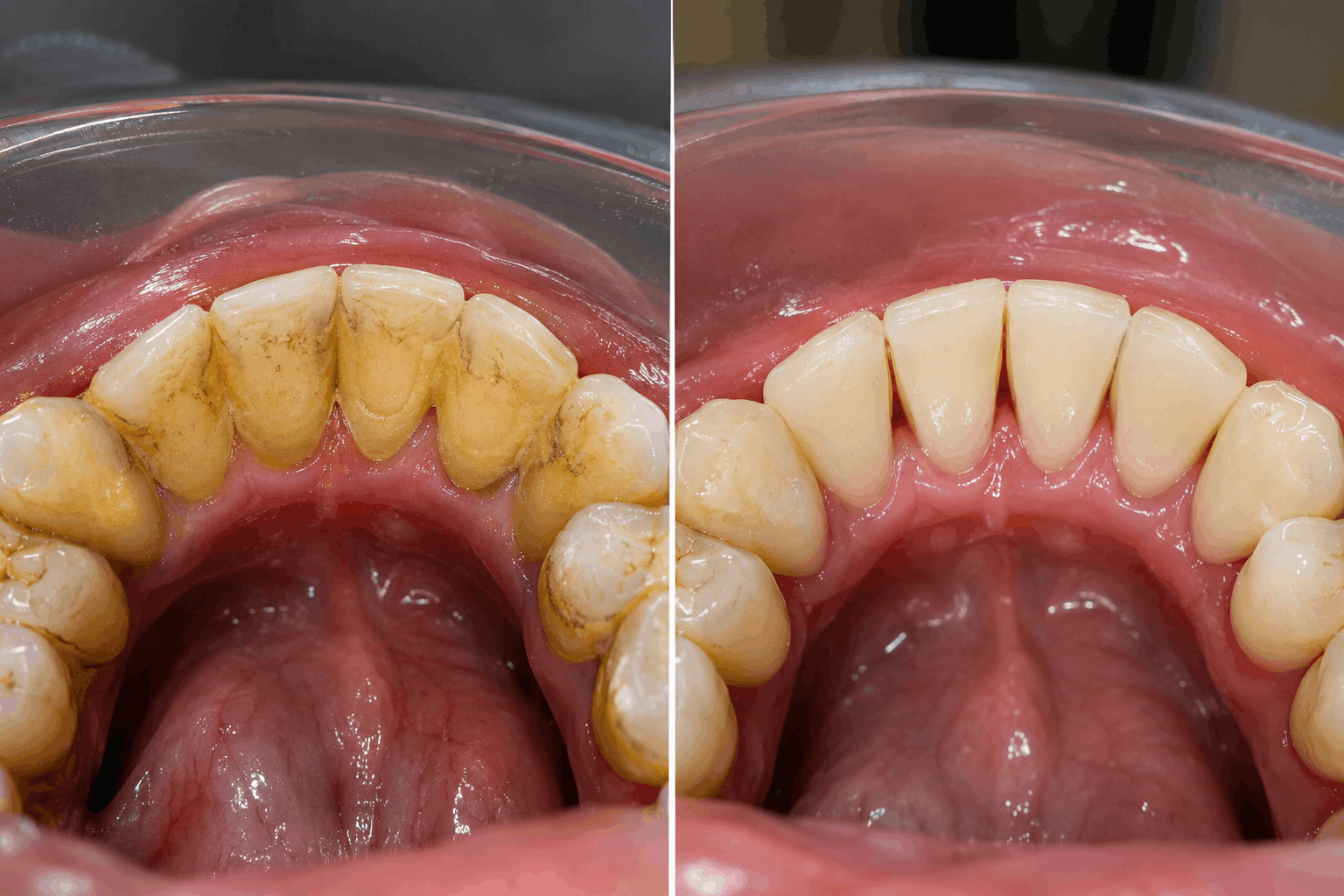 Antes e depois de profilaxia com Airflow: remoção de tártaro e manchas nos dentes inferiores